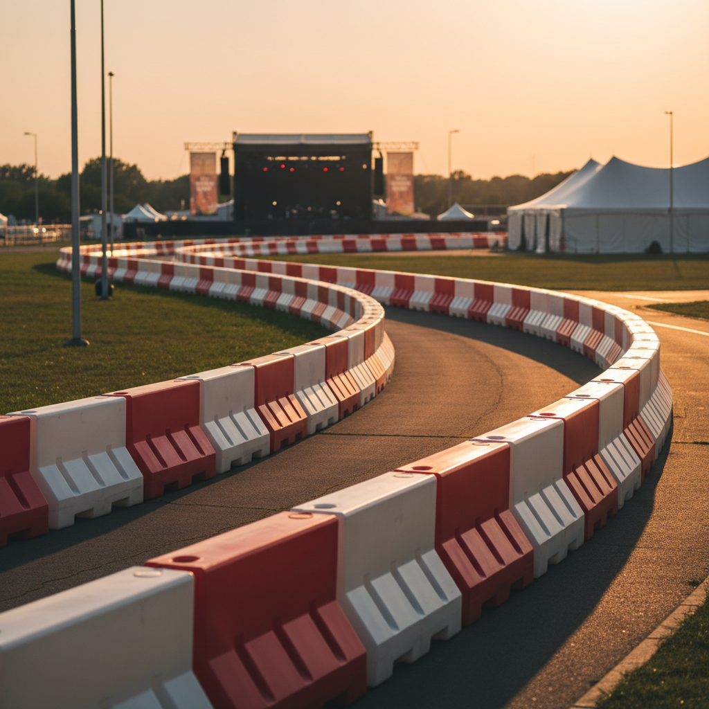 A wide-angle view of an outdoor festival entrance carefully outlined with alternating white and red plastic water-filled New Jersey barriers, their glossy surfaces catching the light. The barriers form a gentle curve leading toward a distant, softly blurred stage structure and tents. Warm golden hour sunlight creates long, gentle shadows and a welcoming glow, emphasizing the vivid colors and clean lines. The composition follows the curve of the barriers from foreground to background, shot from a slightly elevated angle for depth and perspective. Photographic realism with a vibrant yet professional atmosphere, highlighting safety, organization, and crowd guidance for large events without any human presence.